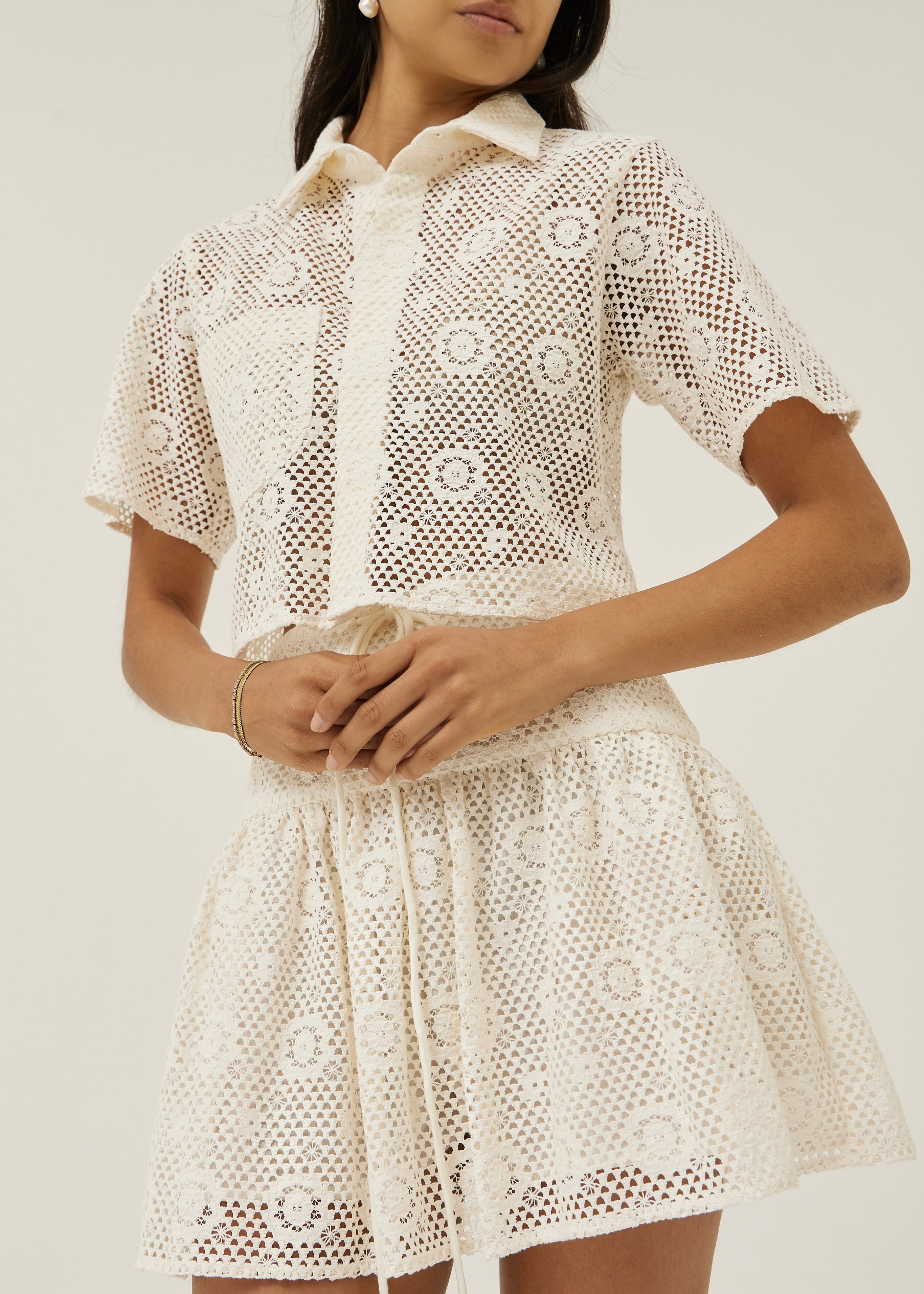 Ulani Lace Crochet Style Resort Shirt | Vanilla