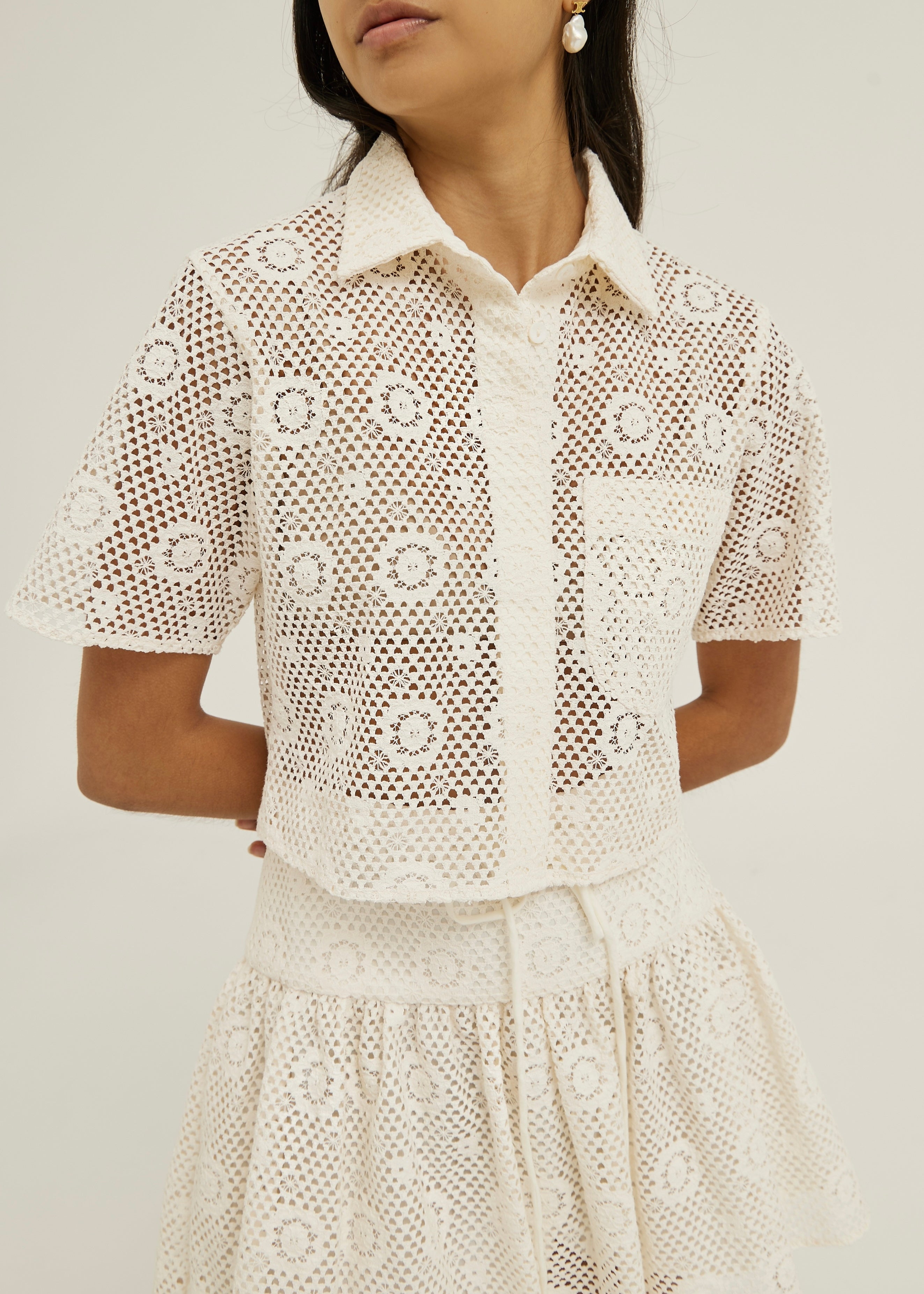 Ulani Lace Crochet Style Resort Shirt | Vanilla