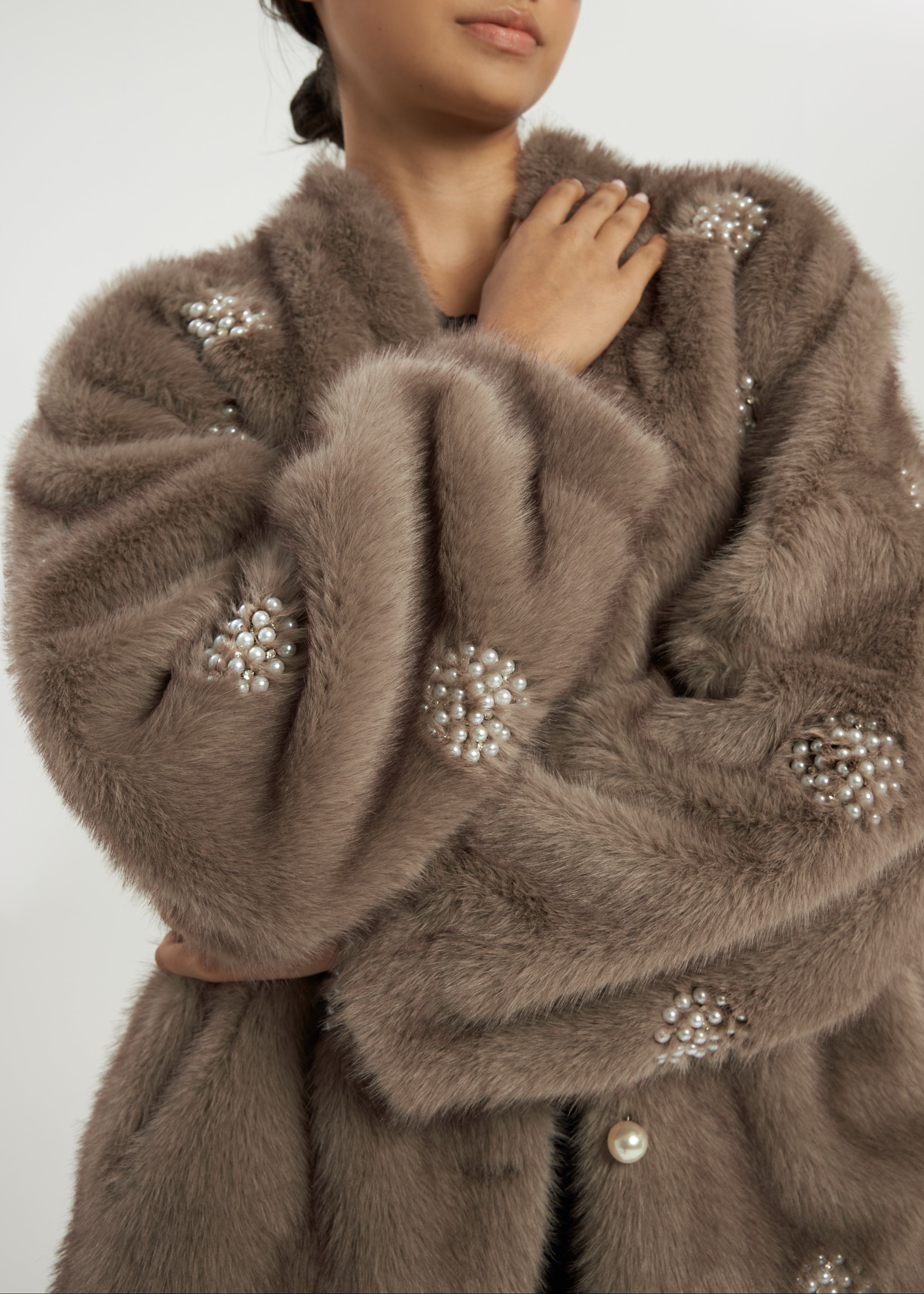 Valary Pearl Trim Fur Cardigan Coat | Truffle