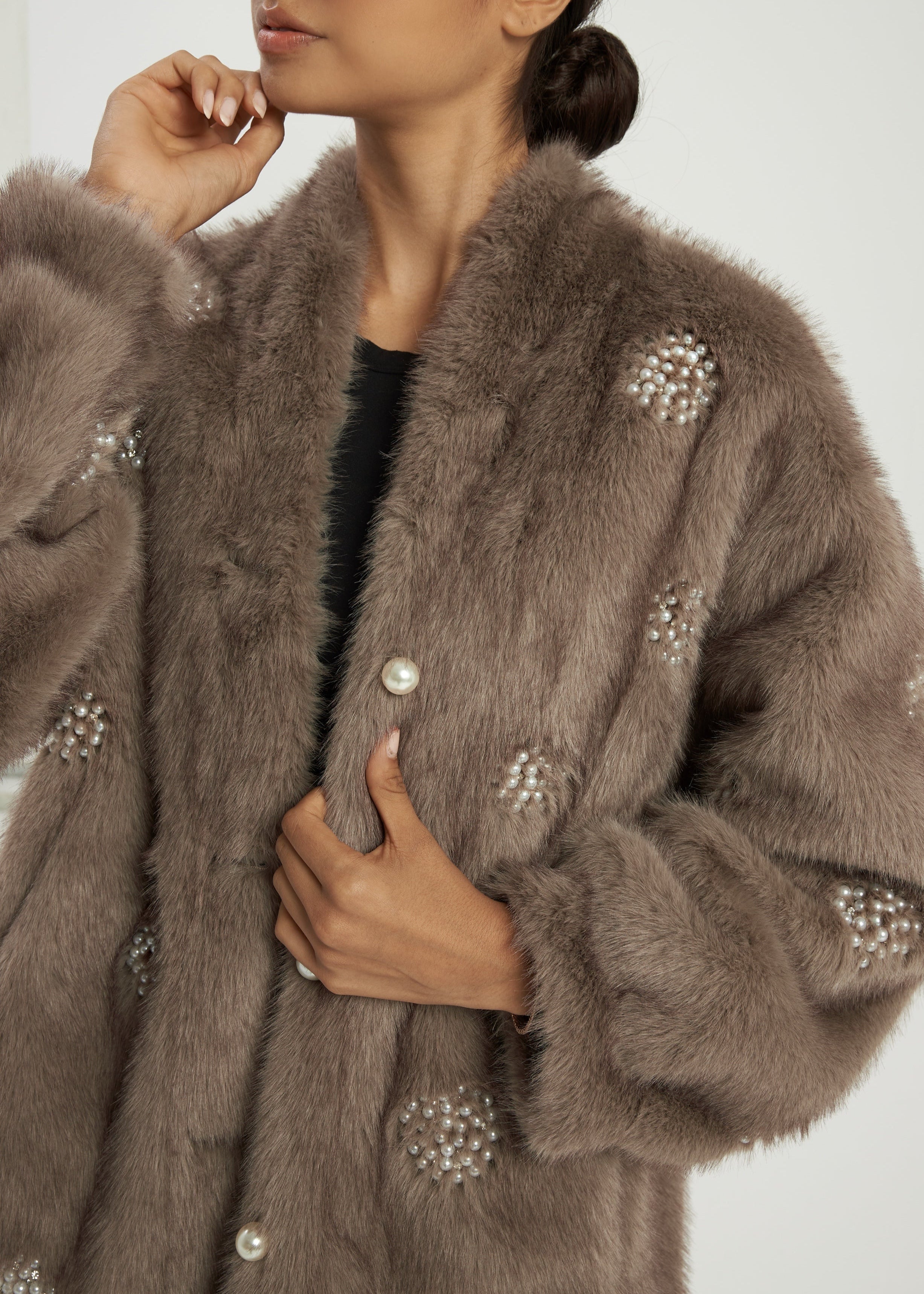 Valary Pearl Trim Fur Cardigan Coat | Truffle