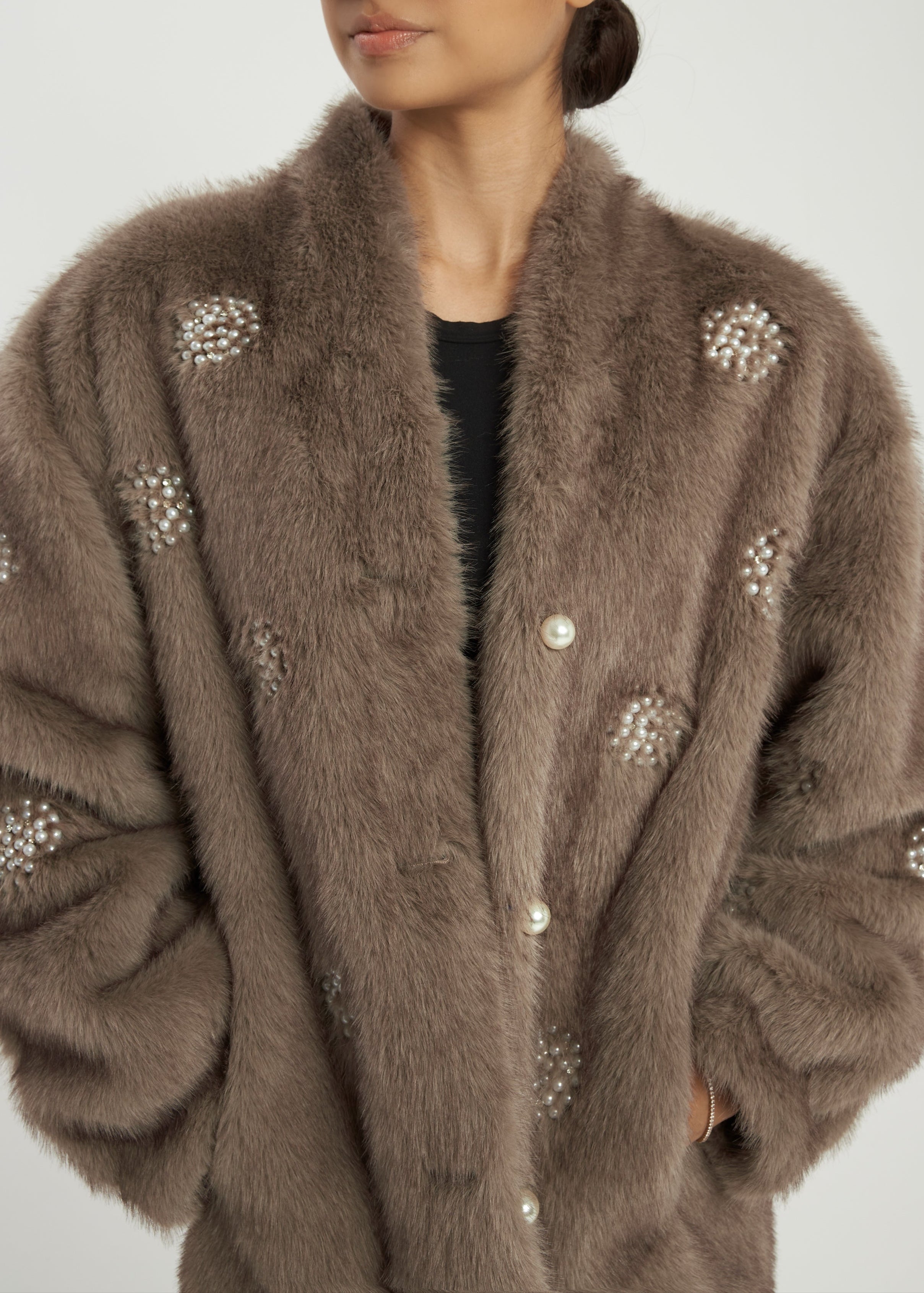 Valary Pearl Trim Fur Cardigan Coat | Truffle