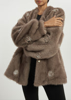 Valary Pearl Trim Fur Cardigan Coat | Truffle