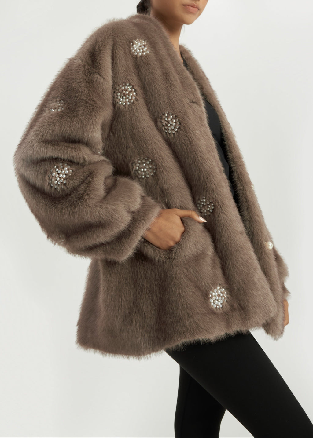 Valary Pearl Trim Fur Cardigan Coat | Truffle