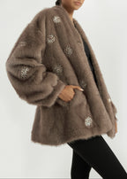 Valary Pearl Trim Fur Cardigan Coat | Truffle