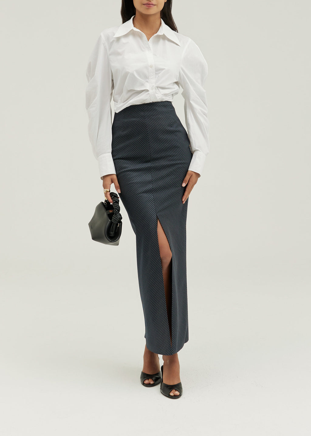 Juno Striped Pencil Front Split Maxi Skirt | Black/White