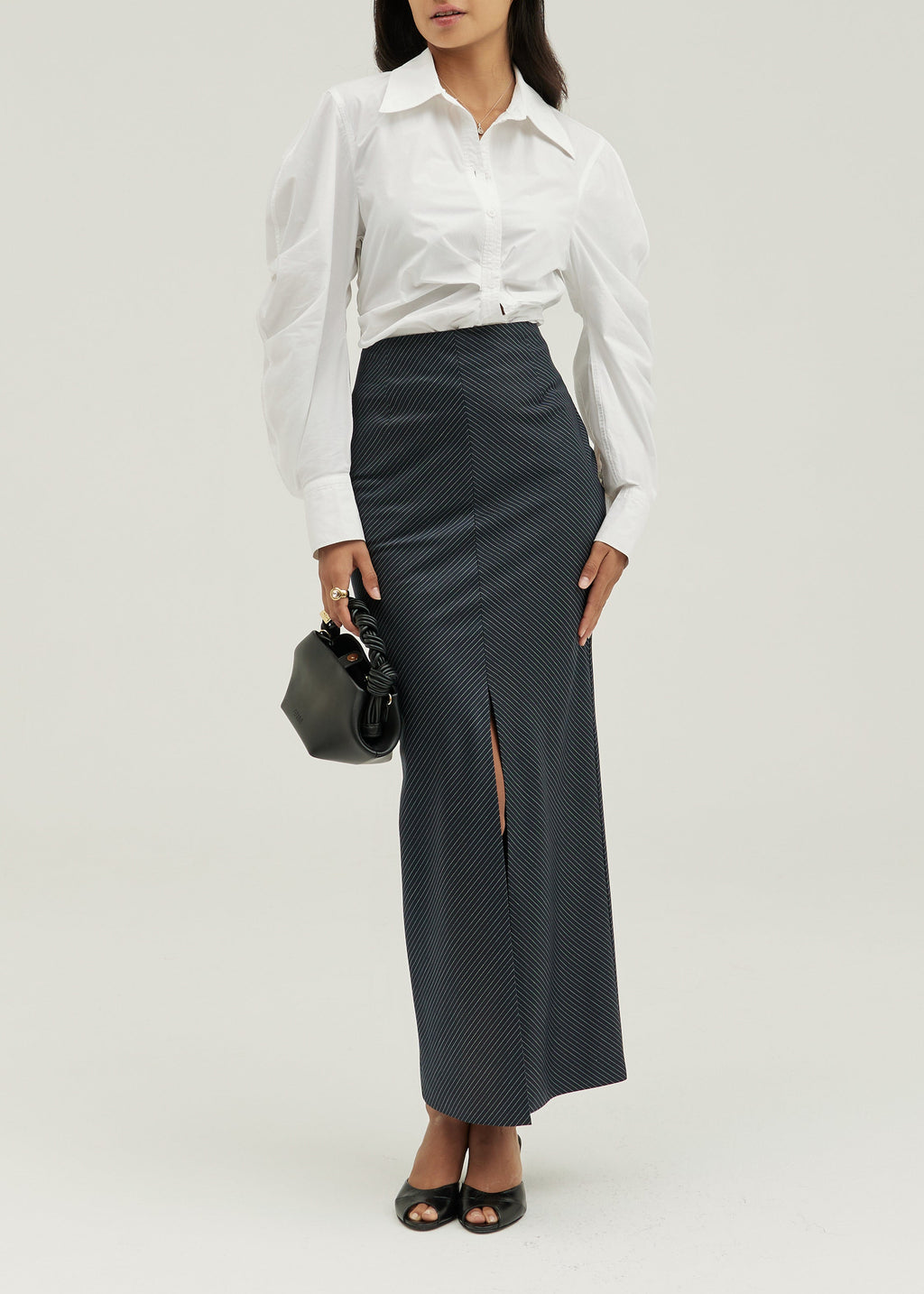 Juno Striped Pencil Front Split Maxi Skirt | Black/White