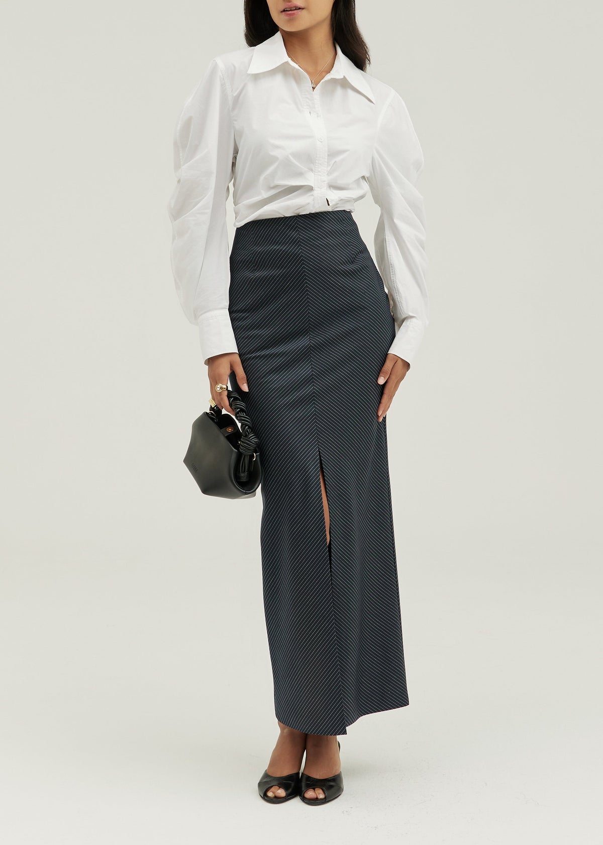 Juno Striped Pencil Front Split Maxi Skirt | Black/White