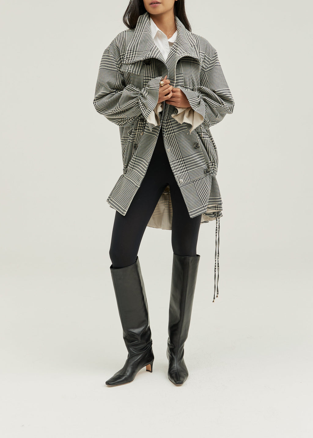 Odette Double Breasted Houndstooth Drop Waist Coat | Grey Mix