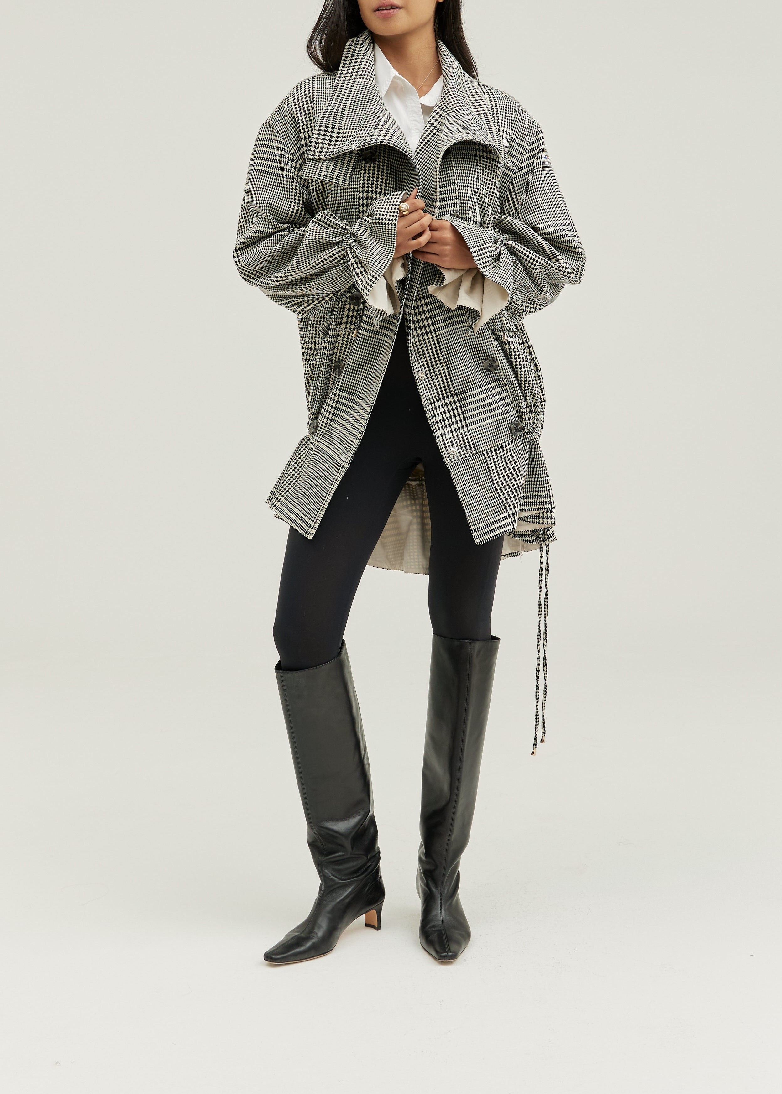 Odette Double Breasted Houndstooth Drop Waist Coat | Grey Mix