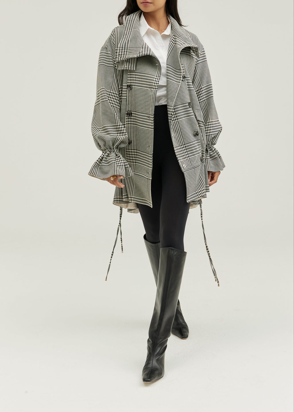 Odette Double Breasted Houndstooth Drop Waist Coat | Grey Mix