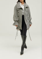Odette Double Breasted Houndstooth Drop Waist Coat | Grey Mix