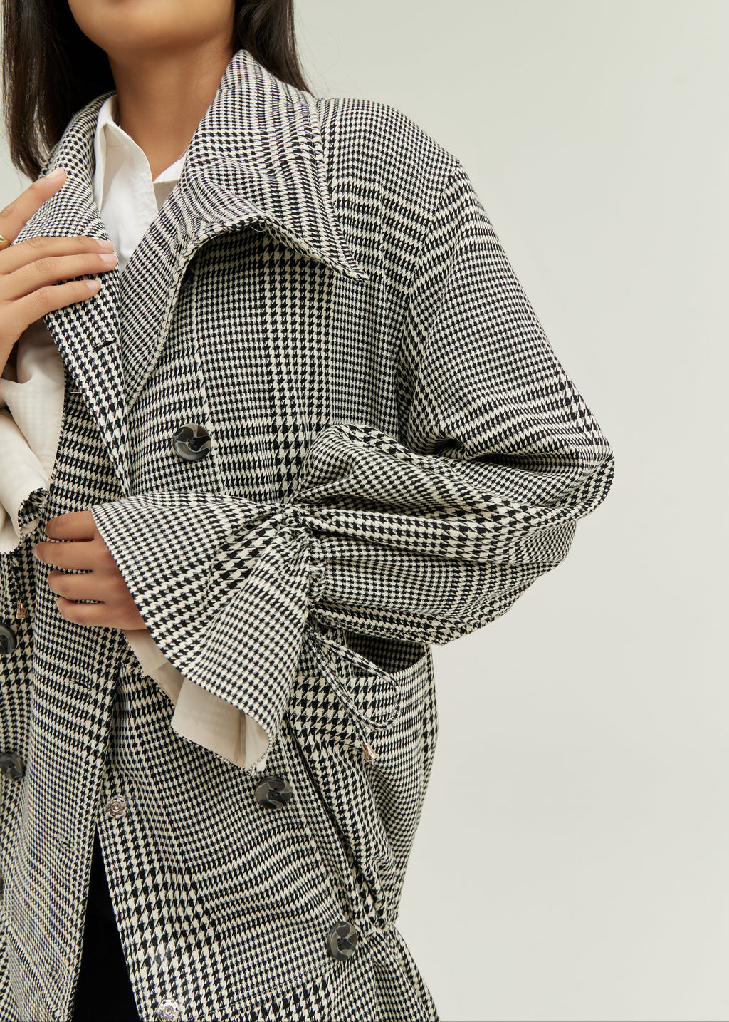 Odette Double Breasted Houndstooth Drop Waist Coat | Grey Mix