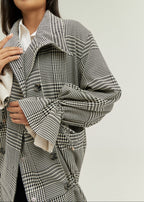 Odette Double Breasted Houndstooth Drop Waist Coat | Grey Mix