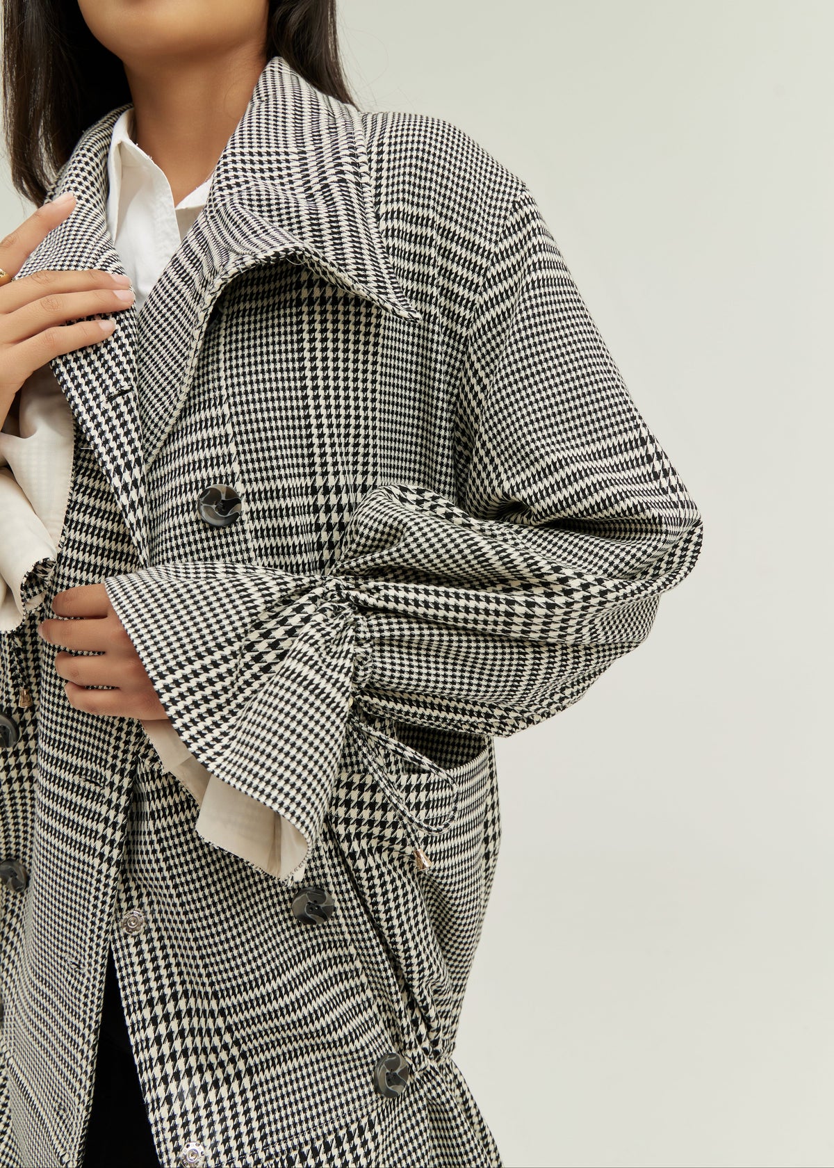 Odette Double Breasted Houndstooth Drop Waist Coat | Grey Mix