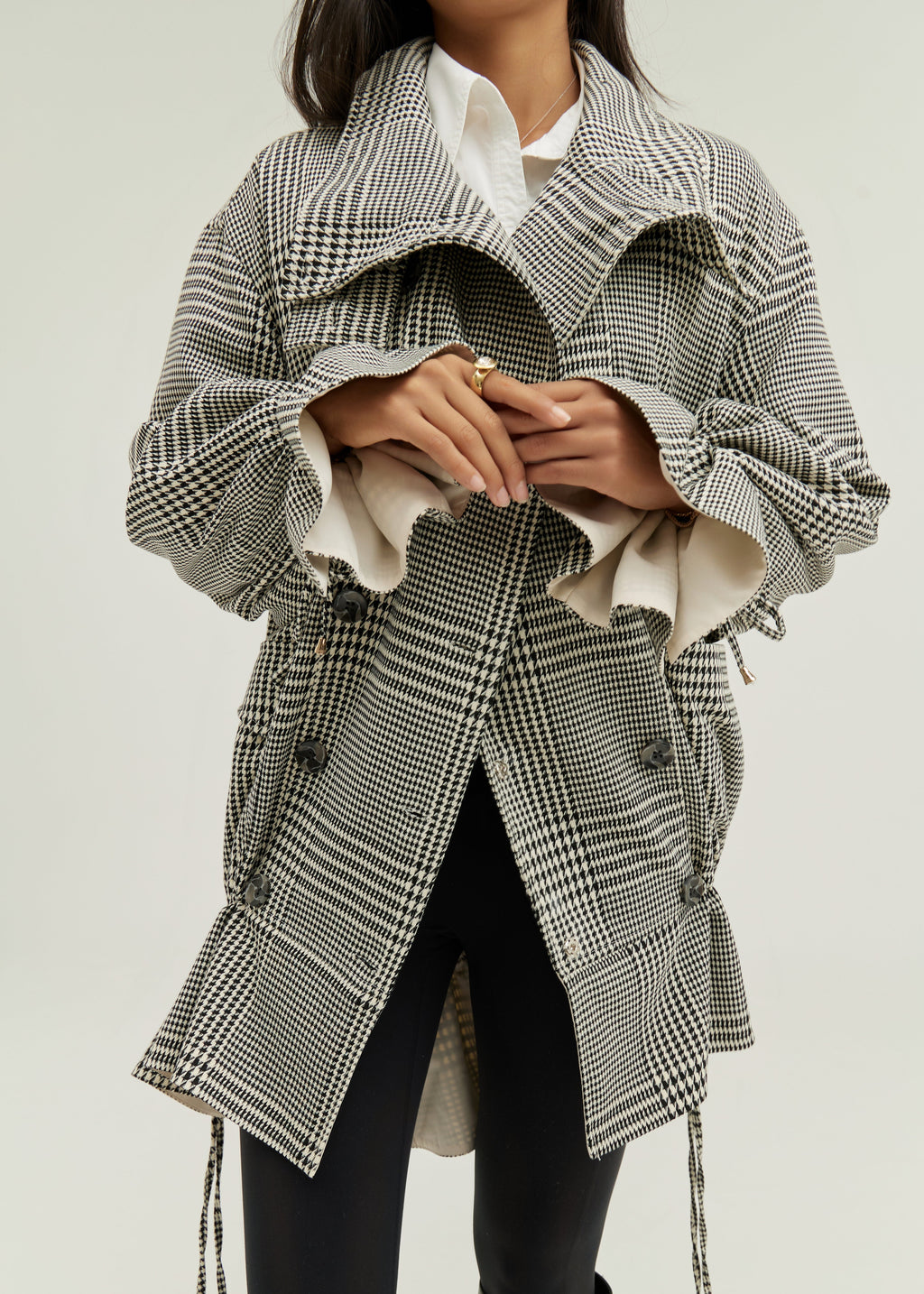 Odette Double Breasted Houndstooth Drop Waist Coat | Grey Mix
