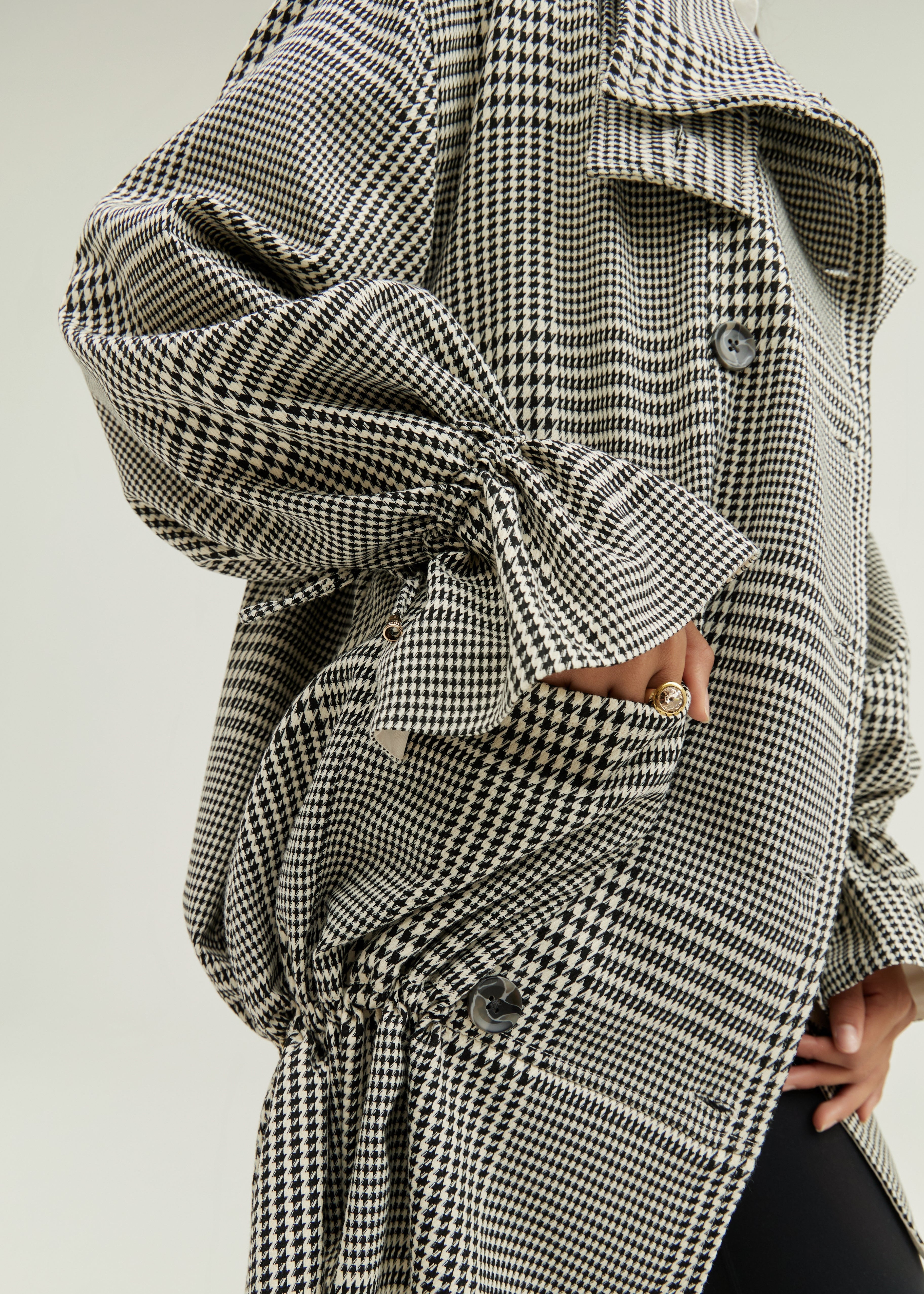 Odette Double Breasted Houndstooth Drop Waist Coat | Grey Mix