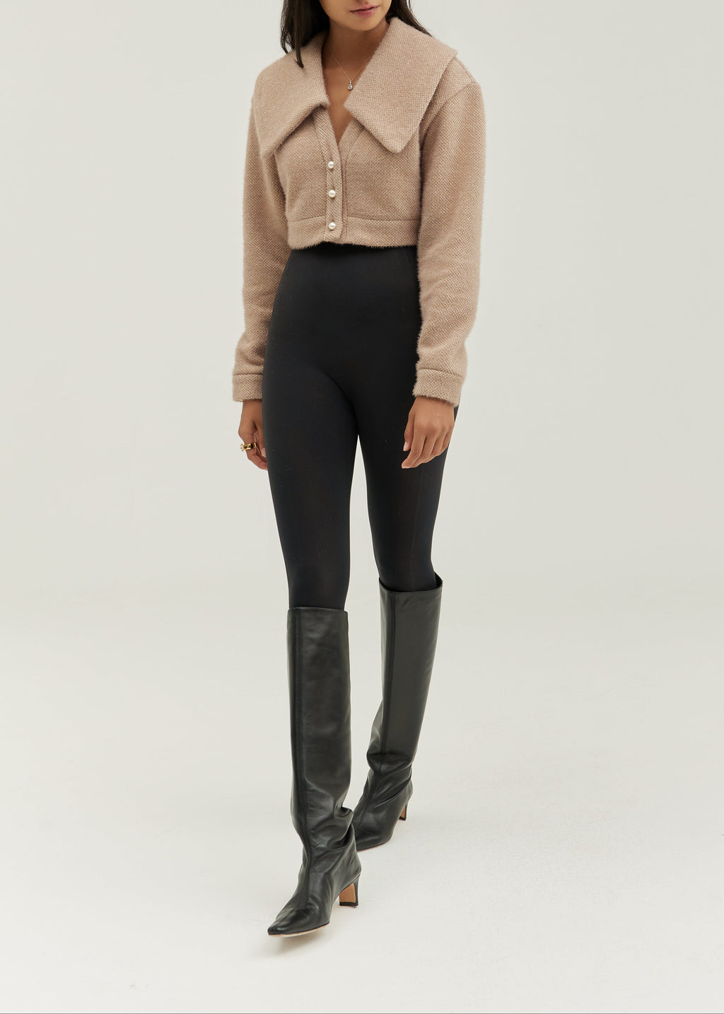 Carla Cropped Pearl Button Cardigan | Taupe
