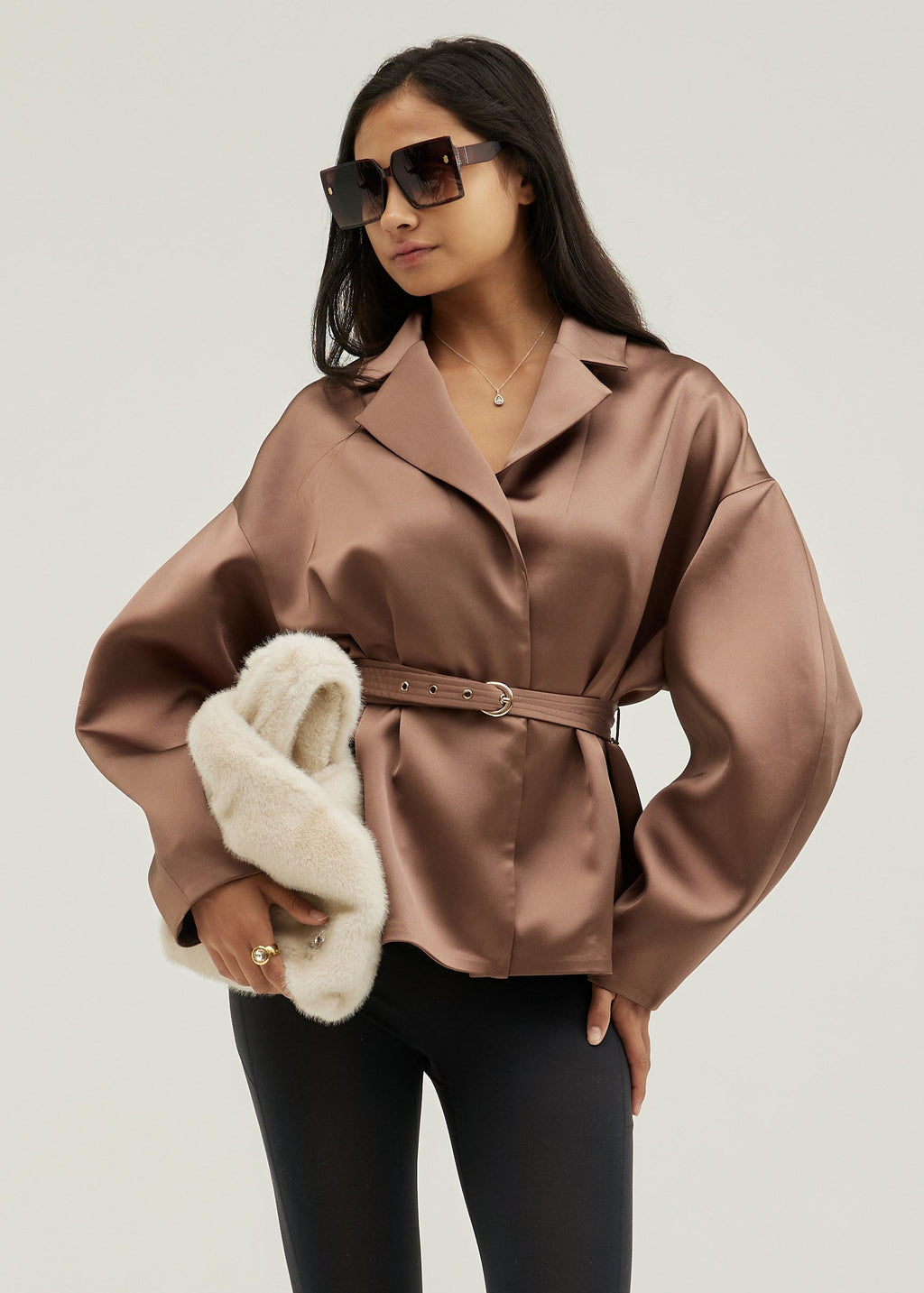 Paloma Satin Belted Drop Sleeve Jacket | Chrome
