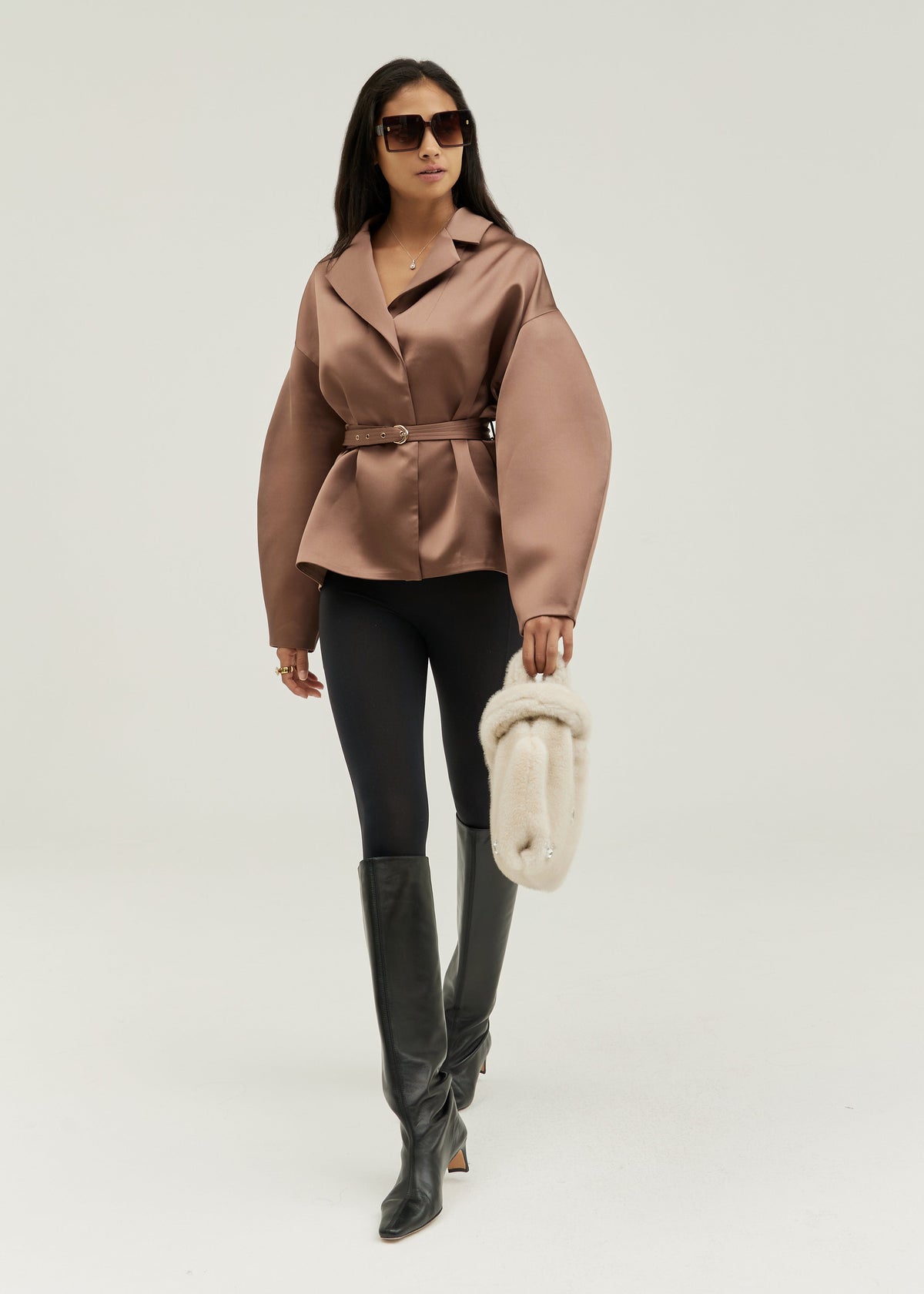 Paloma Satin Belted Drop Sleeve Jacket | Chrome