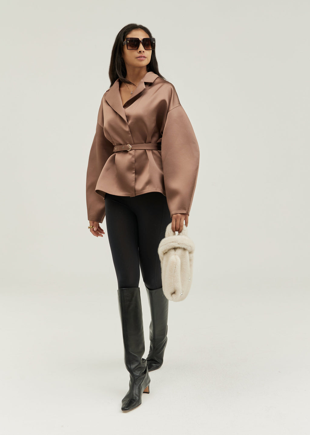 Paloma Satin Belted Drop Sleeve Jacket | Chrome