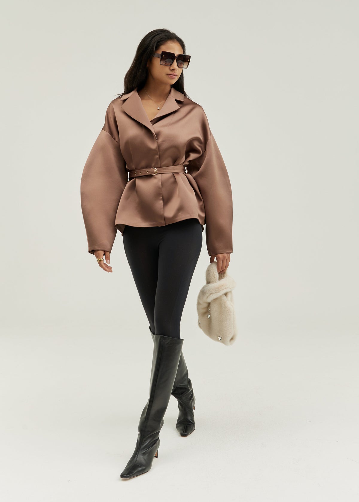 Paloma Satin Belted Drop Sleeve Jacket | Chrome