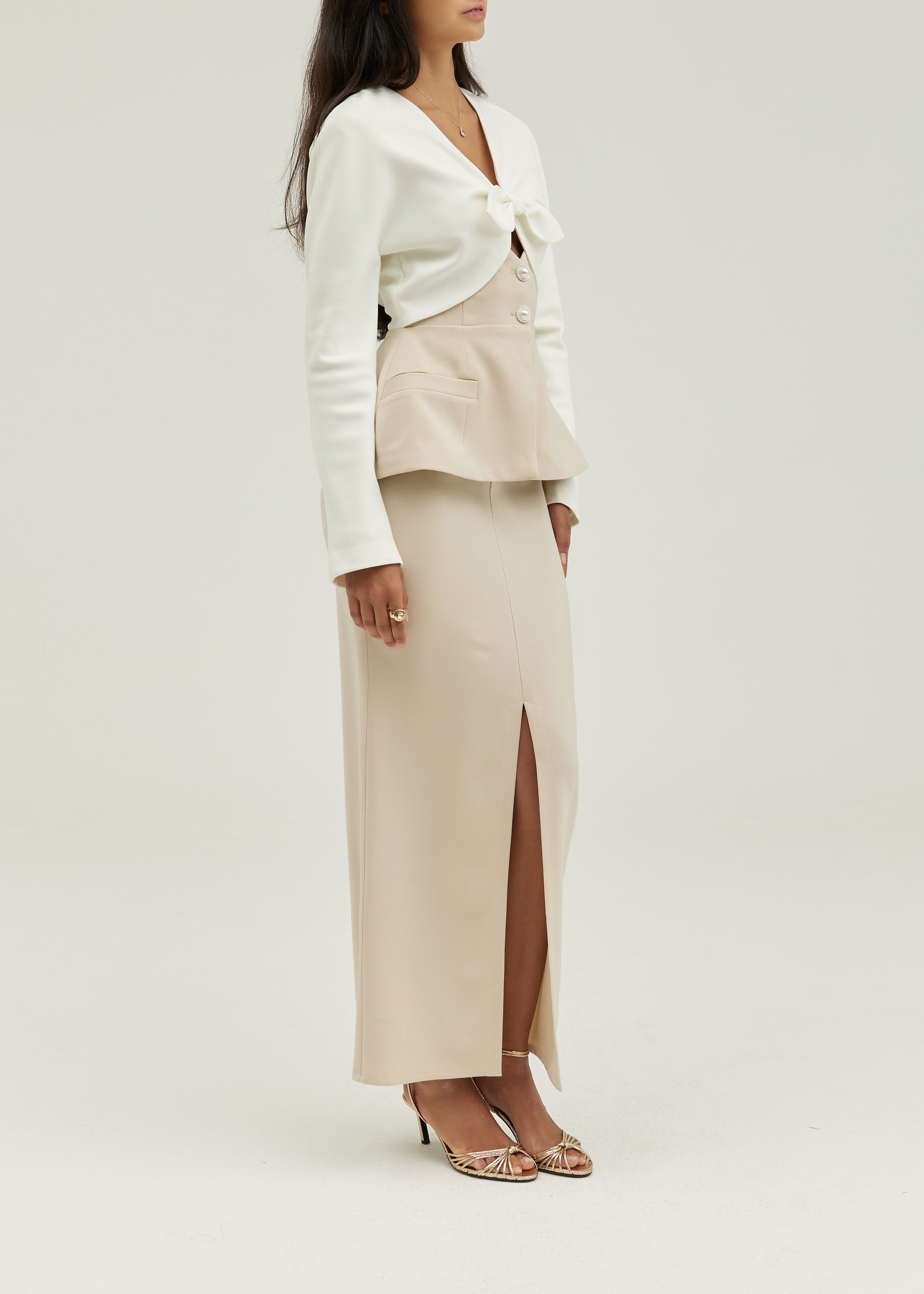 Pia Tailored Pencil Front Split Maxi Skirt | Almond