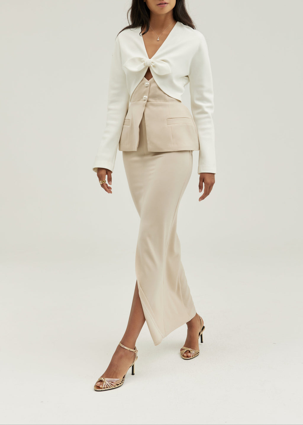 Pia Tailored Pencil Front Split Maxi Skirt | Almond