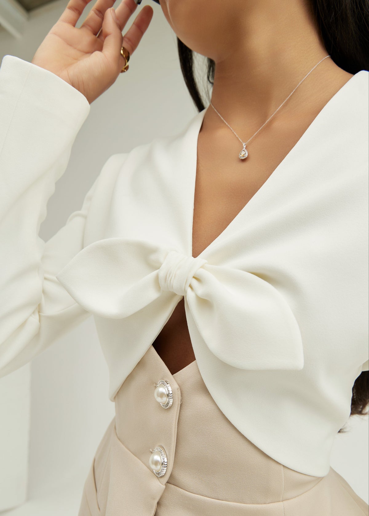 Pia Bow Detail Tailored Peplum Jacket | White/Almond