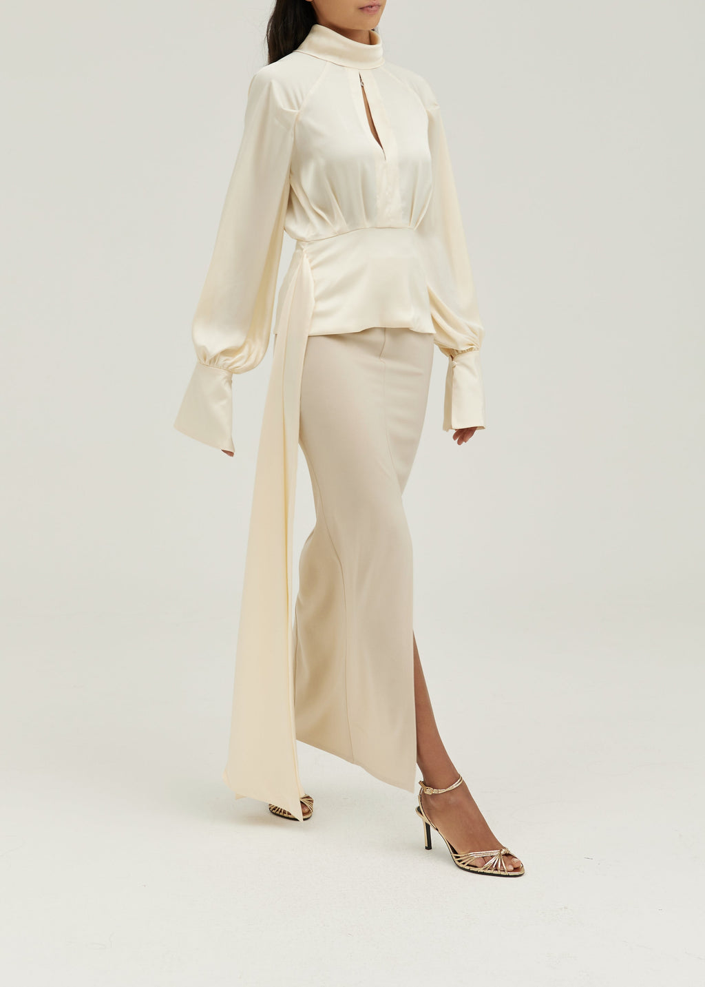 Alina High Neck Tie Waist Satin Blouse | Ivory Cream