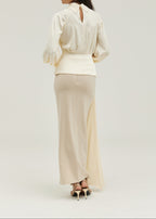Alina High Neck Tie Waist Satin Blouse | Ivory Cream