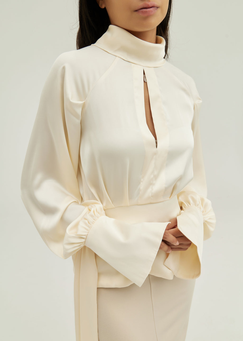 Alina High Neck Tie Waist Satin Blouse | Ivory Cream