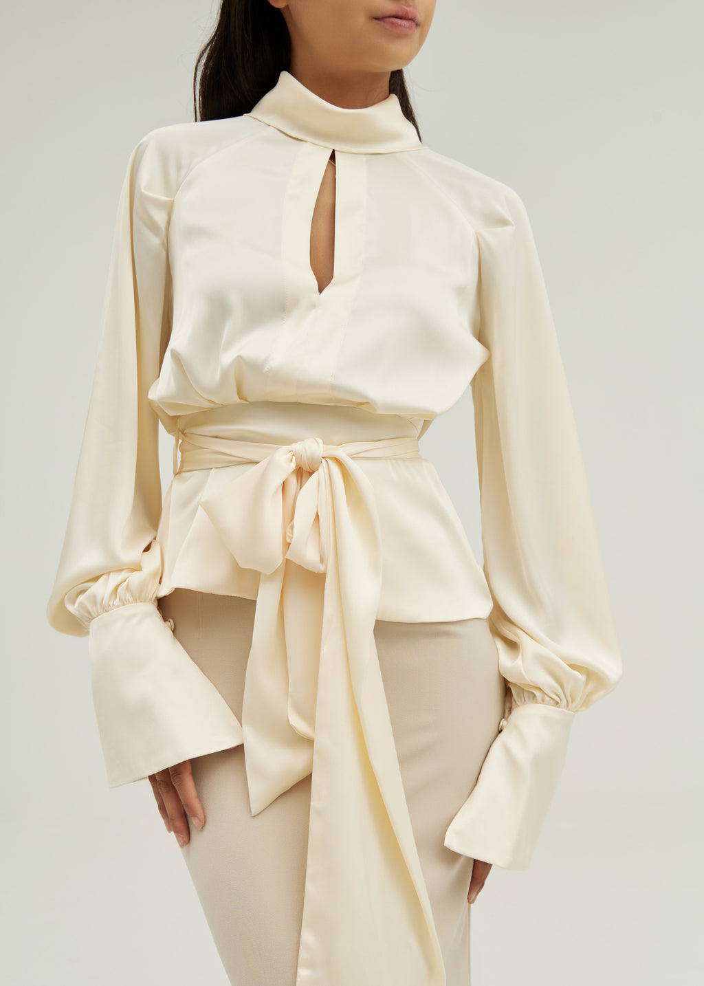 Alina High Neck Tie Waist Satin Blouse | Ivory Cream