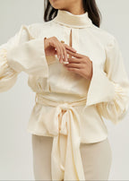 Alina High Neck Tie Waist Satin Blouse | Ivory Cream