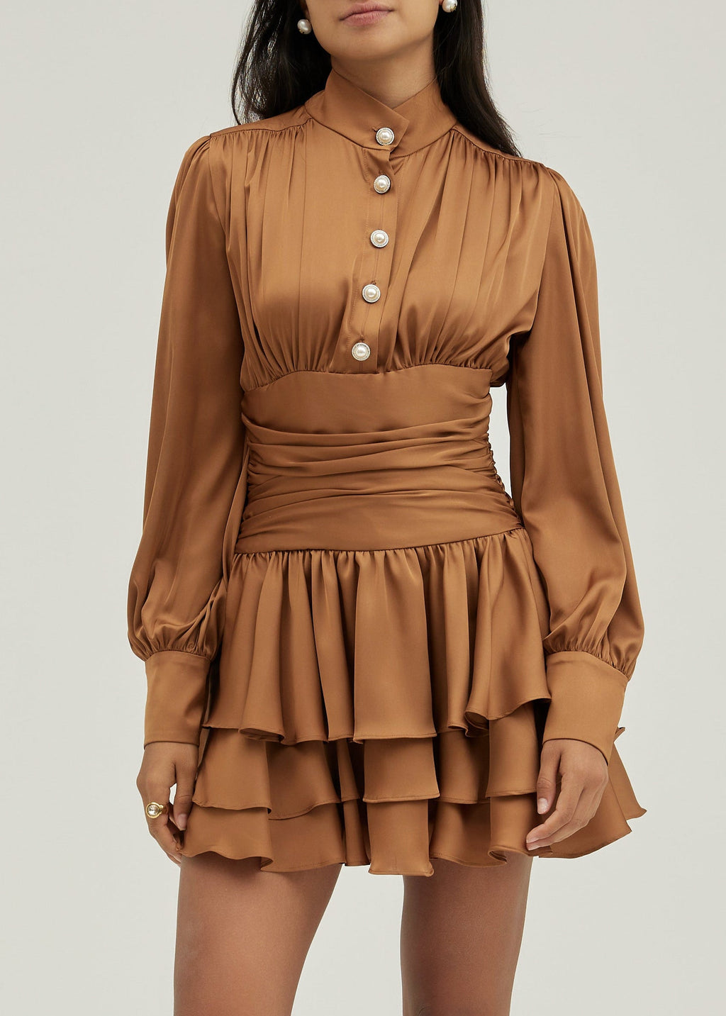 Luna Satin Pearl button Frill Dress | Amber Truffle