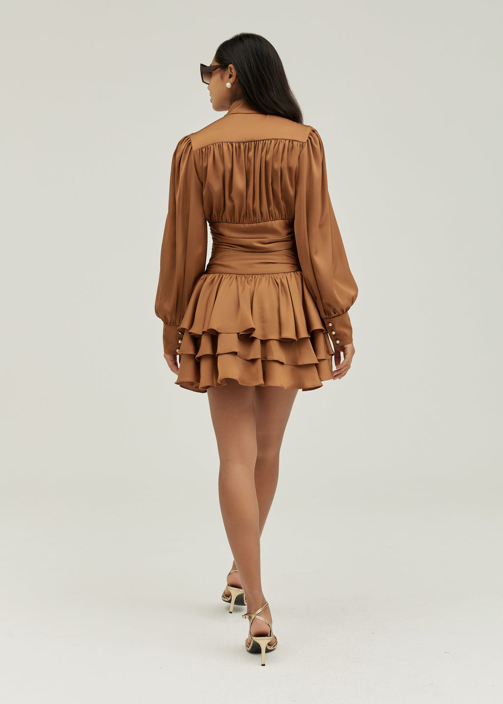 Luna Satin Pearl button Frill Dress | Amber Truffle
