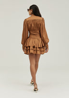 Luna Satin Pearl button Frill Dress | Amber Truffle