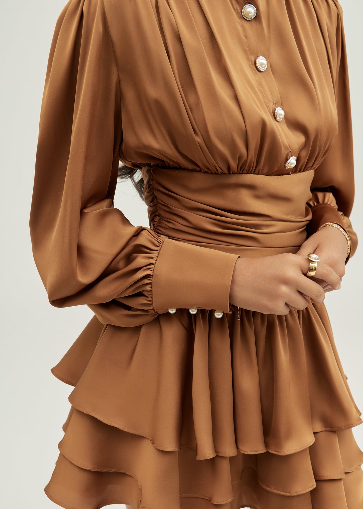 Luna Satin Pearl button Frill Dress | Amber Truffle