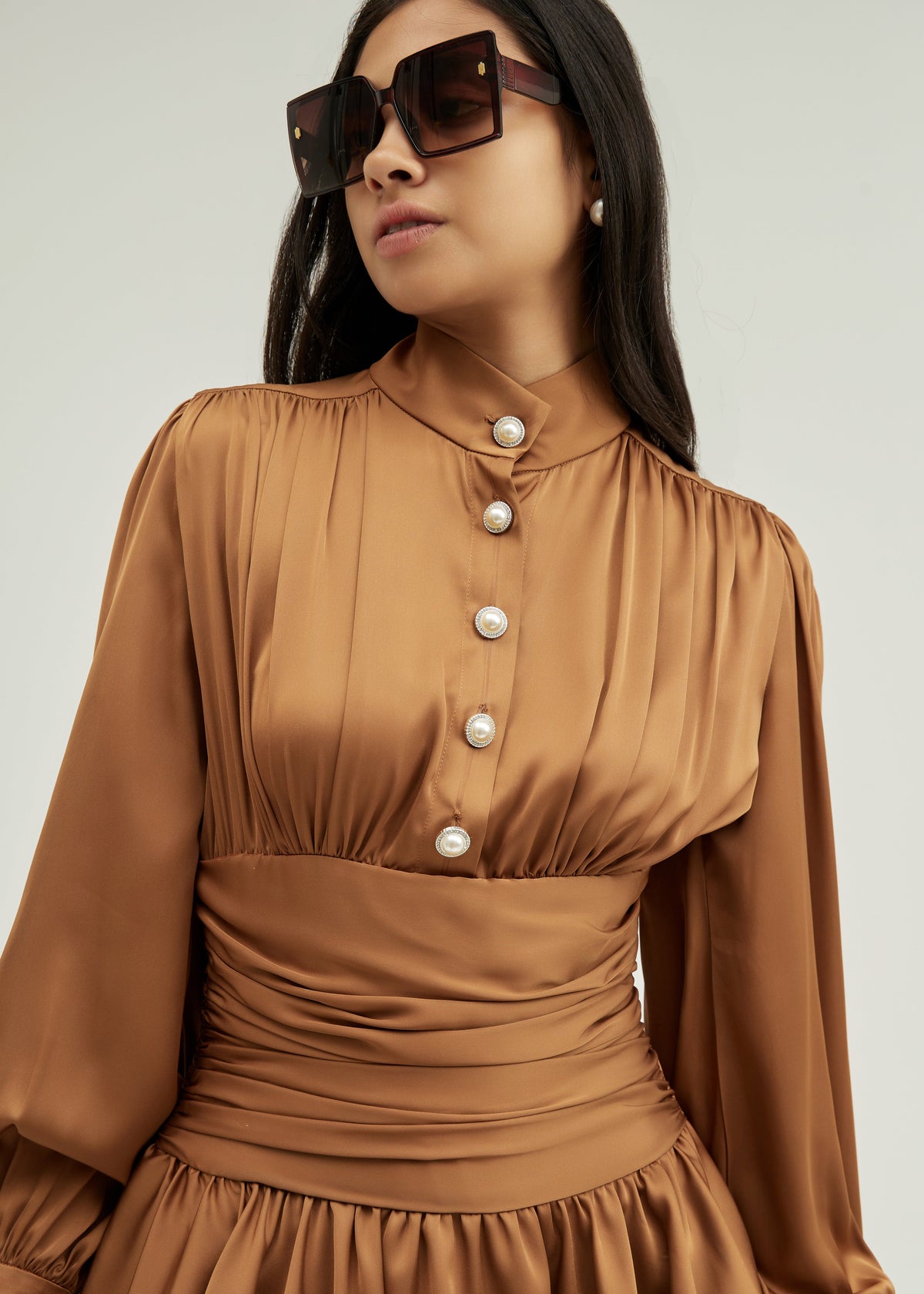 Luna Satin Pearl button Frill Dress | Amber Truffle