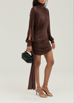 Mahra High Neck Asymmetric Split Sleeve Dress | Chocolate