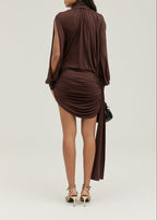 Mahra High Neck Asymmetric Split Sleeve Dress | Chocolate