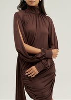 Mahra High Neck Asymmetric Split Sleeve Dress | Chocolate