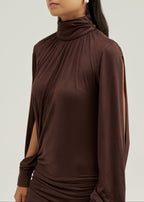 Mahra High Neck Asymmetric Split Sleeve Dress | Chocolate