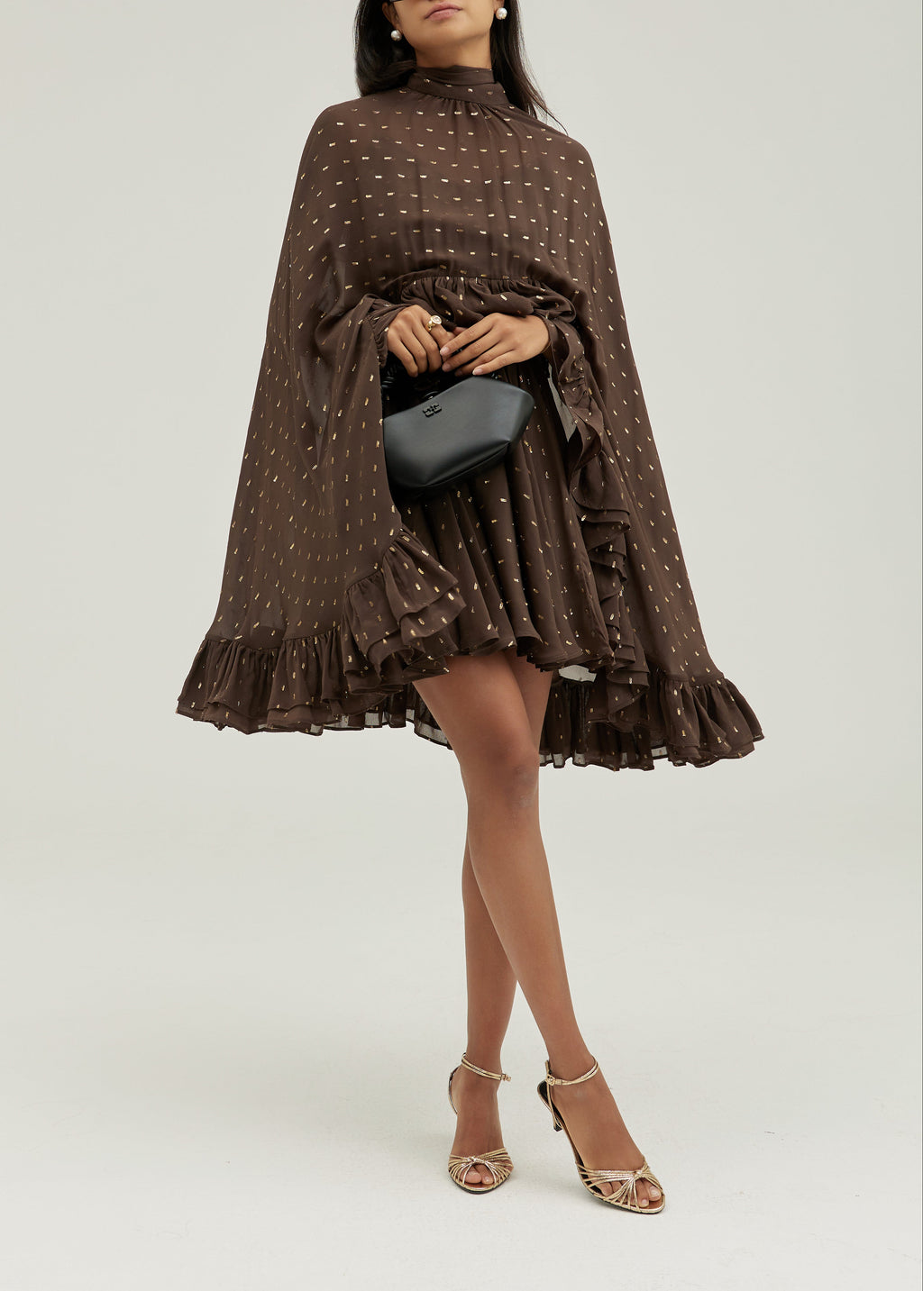 Isabelle Cape Frill Hem Tie Neck Dress | Coffee/Gold
