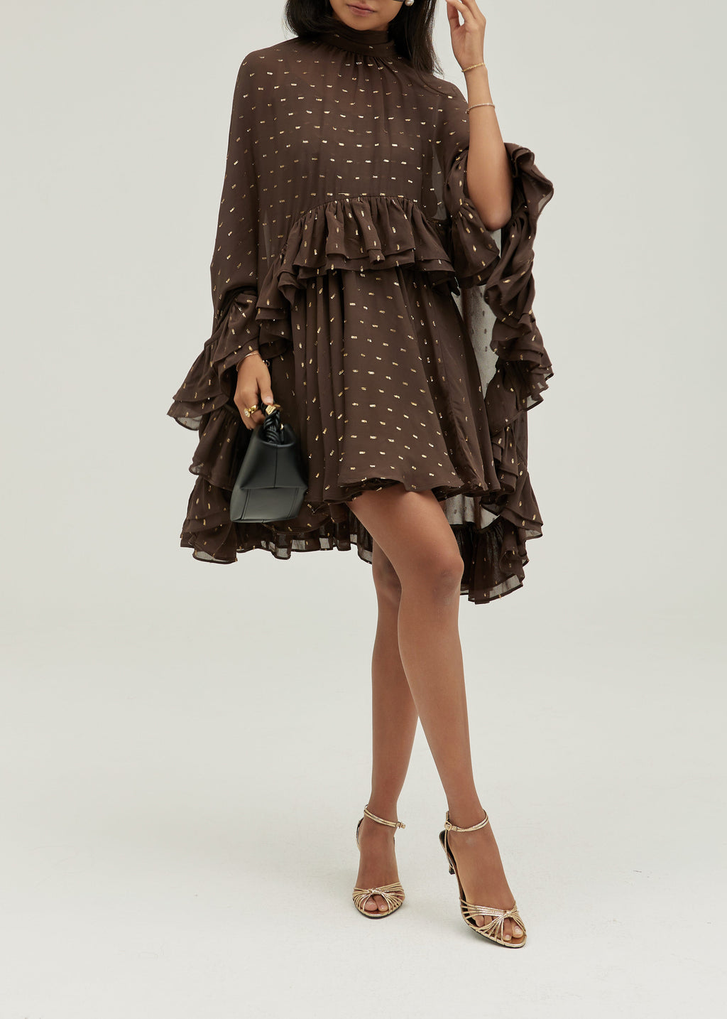 Isabelle Cape Frill Hem Tie Neck Dress | Coffee/Gold