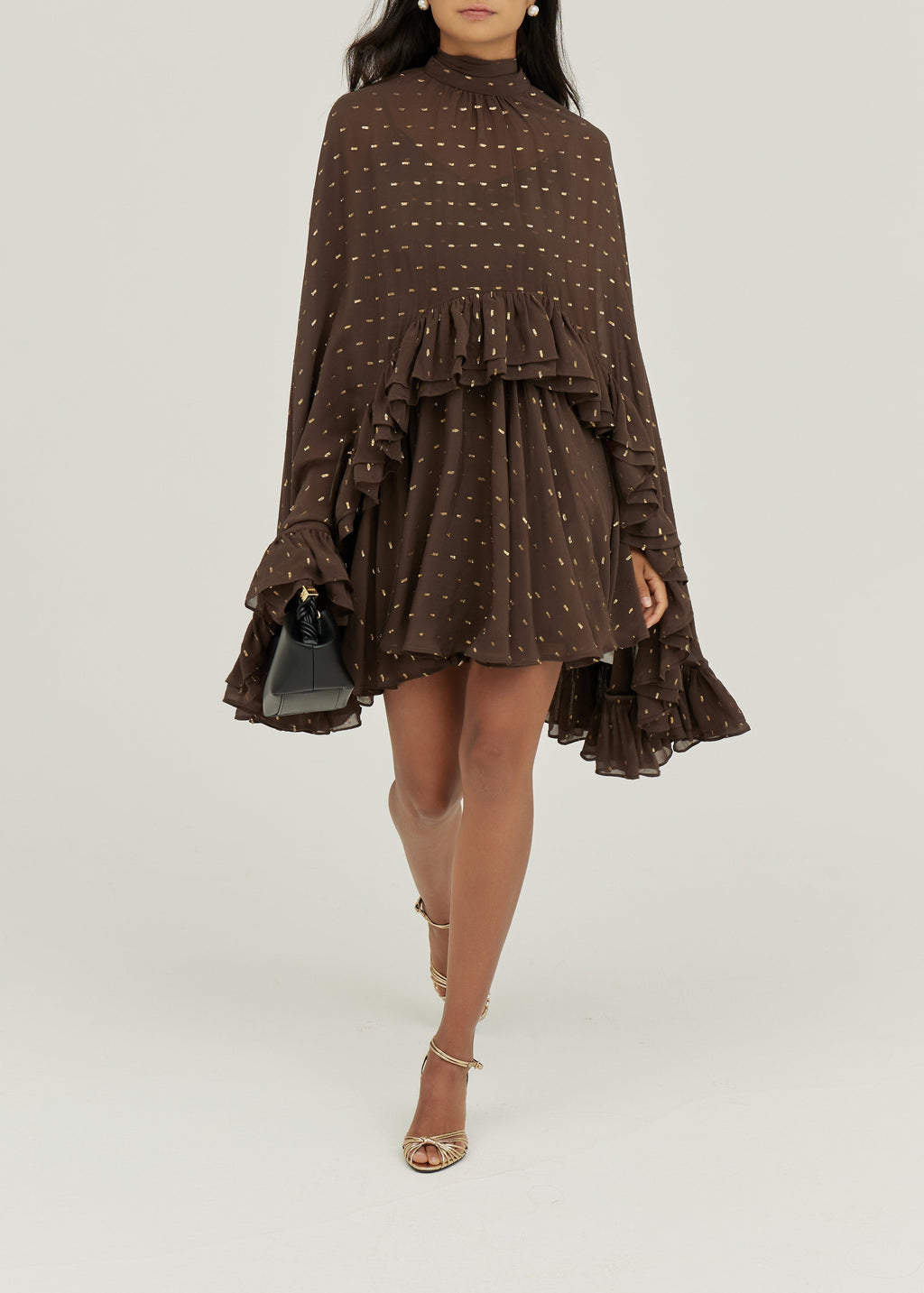 Isabelle Cape Frill Hem Tie Neck Dress | Coffee/Gold
