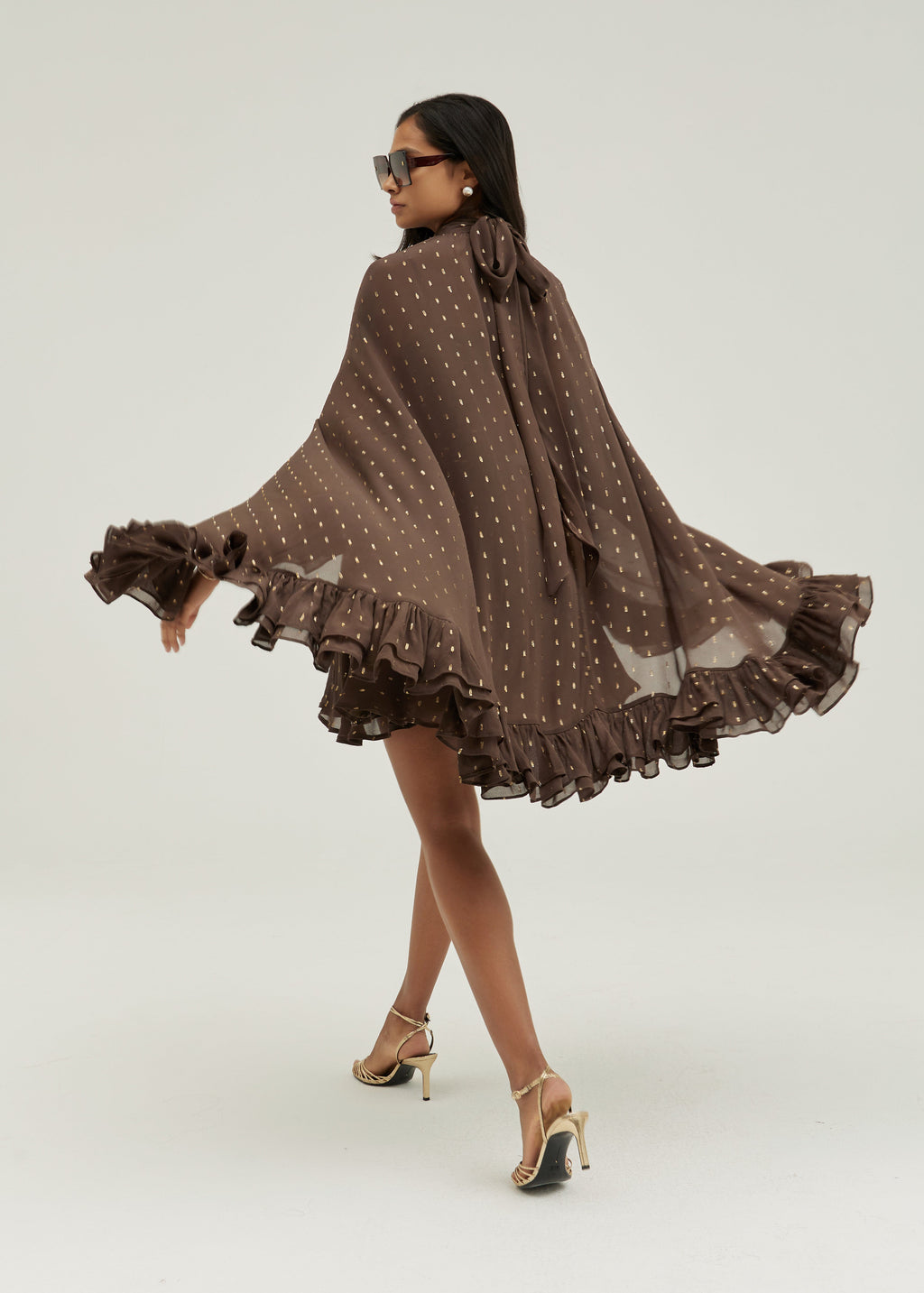 Isabelle Cape Frill Hem Tie Neck Dress | Coffee/Gold