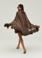 Isabelle Cape Frill Hem Tie Neck Dress | Coffee/Gold