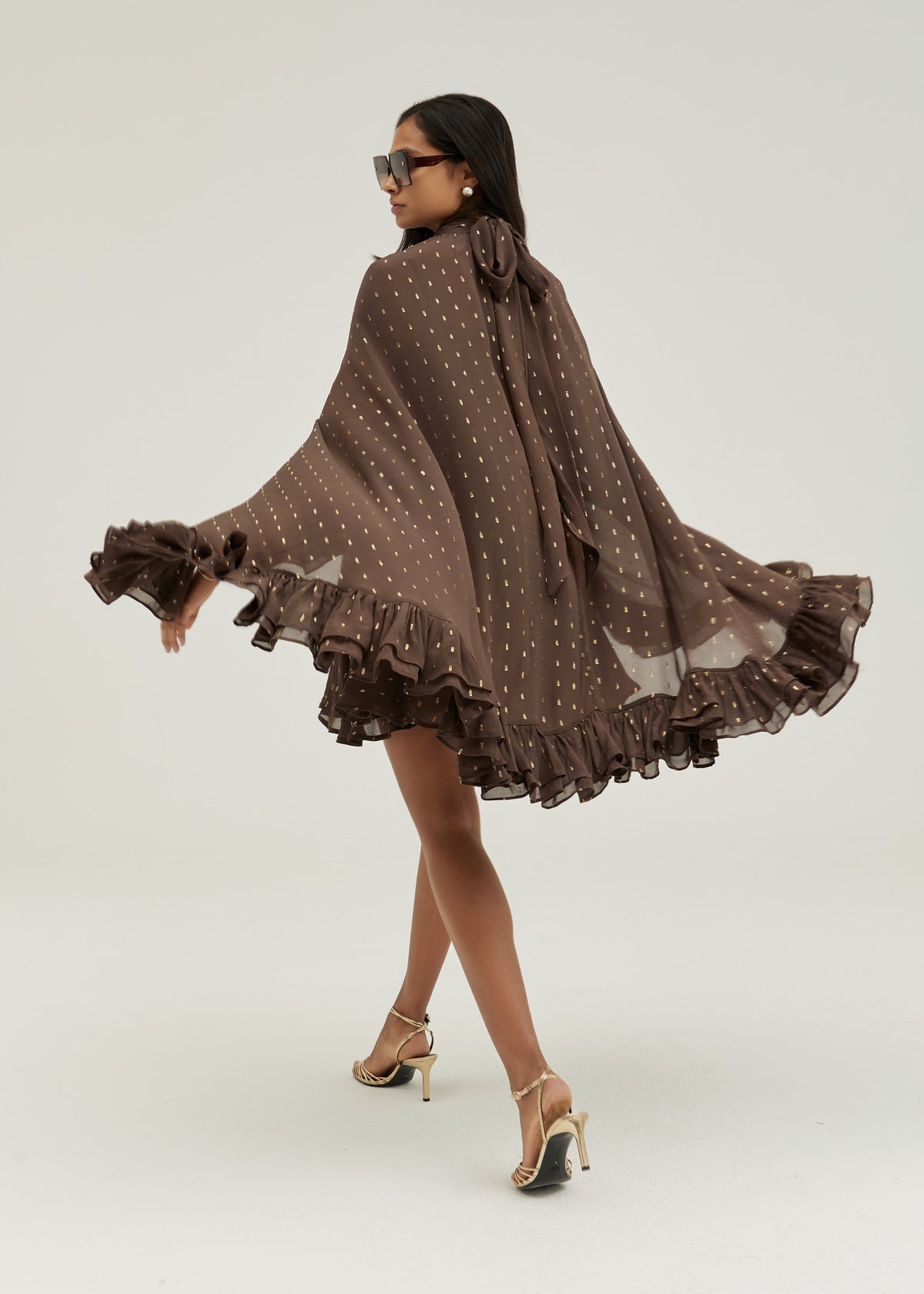 Isabelle Cape Frill Hem Tie Neck Dress | Coffee/Gold