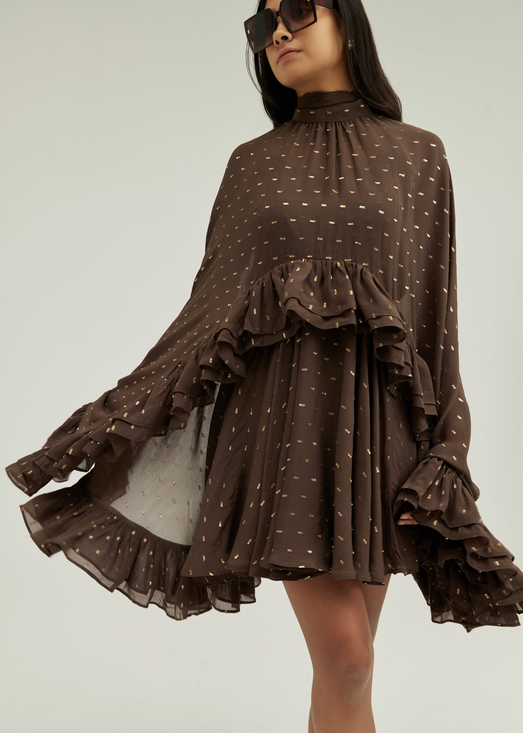Isabelle Cape Frill Hem Tie Neck Dress | Coffee/Gold