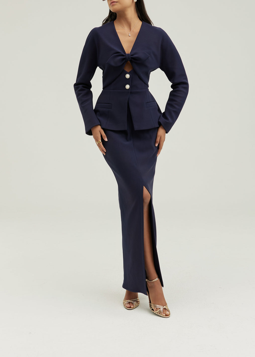 Pia Bow Detail Tailored Peplum Jacket | Navy